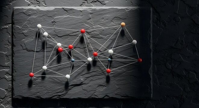 Interconnected network of colorful pins on dark slate for strategy