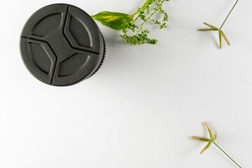 Fake Lens Coffee Mug With Green Plants on White Minimalist Background