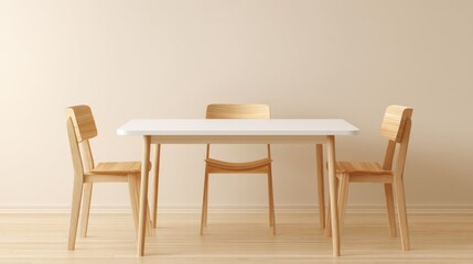 Minimalist Dining Area with Modern Table and Wooden Chairs Against a Neutral Wall