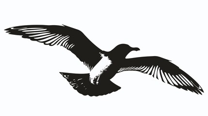 Naklejka premium Dynamic black and white seagull soaring in flight against a clean white background