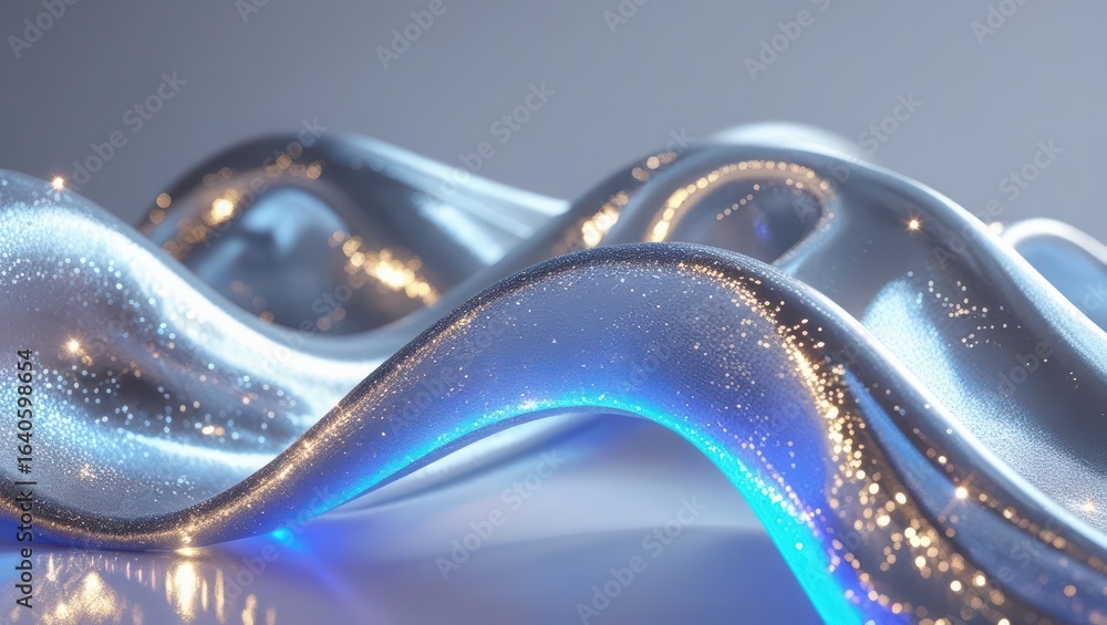 Poster an abstract shimme wave in a futuristic silver and blue gradient, with illuminated particles flowing