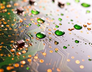 Macro close-up of electronic circuit board with microchips and components for technology, computing, and electronics engineering
