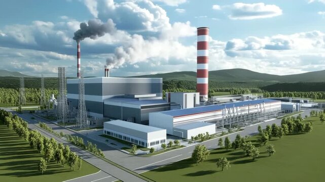 Power plant industrial facility with smoke stacks emitting smoke, factory surrounded by greenery and hills under cloudy sky, road visible near smoke stack and clouds above hill