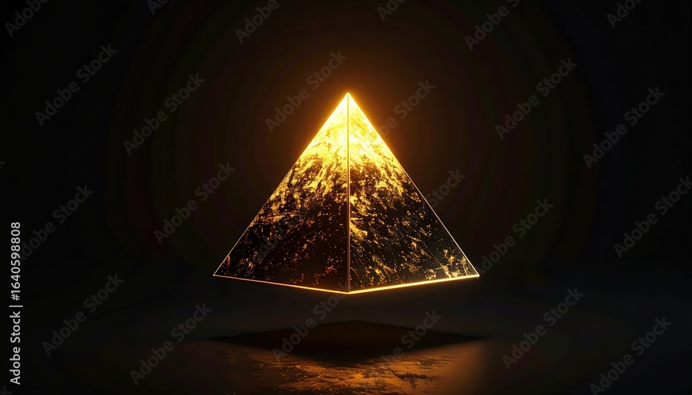 Poster golden pyramid shining brightly in the darkness with intricate details and texture reflecting light 