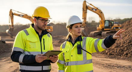 Two construction workers in high visibility jackets and hard hats discussing plans on a tablet at a busy construction site with excavators