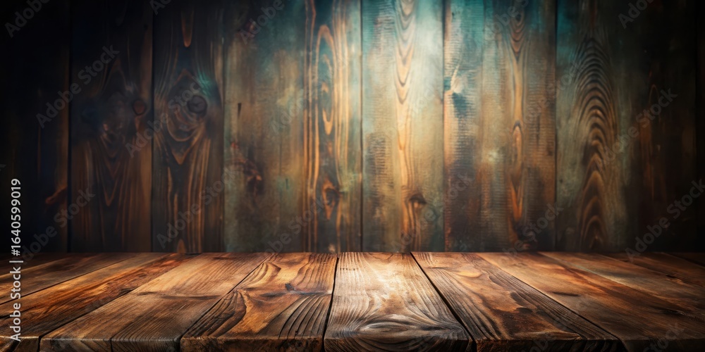 Poster rustic wooden tabletop with a richly textured background, ideal for product displays and composition