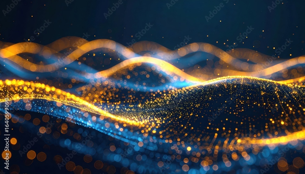 Poster abstract waves of flowing blue and gold particles create a dynamic and mesmerizing digital landscape