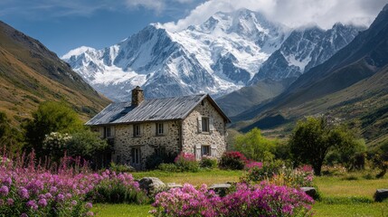 Scenic view of a cottage surrounded by vibrant flowers and majestic mountains under a clear blue sky.