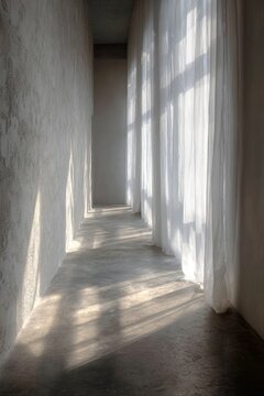 Minimalist corridor with textured walls and sheer curtains for interior design portfolios, architecture websites, luxury real estate marketing

