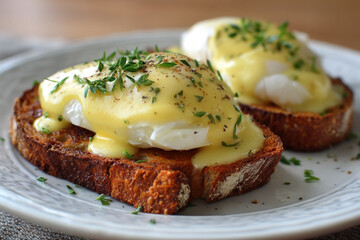 Close up of eggs benedict on toast with hollandaise sauce and herbs on a white plate dish