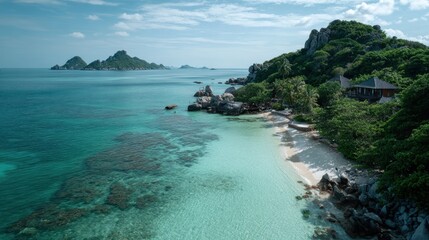 Fototapeta premium Stunning view of a tropical beach with crystal clear water, lush greenery, and serene atmosphere for ultimate relaxation.
