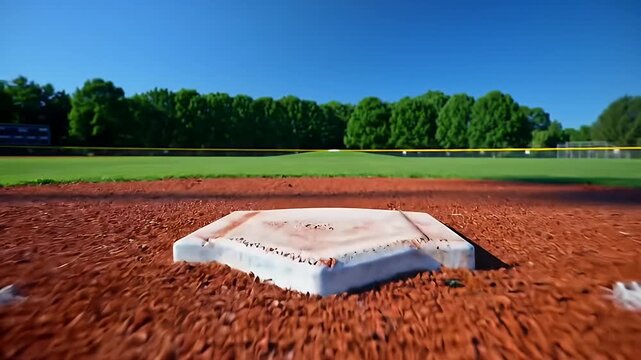 Green Baseball Field under Blue Sky with Lush Trees During Daytime Scenery