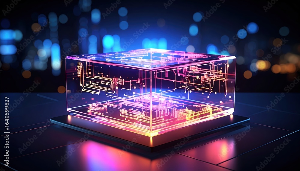Aufkleber a luminous digital cube displays intricate circuitry with a colorful glow, representing technologica