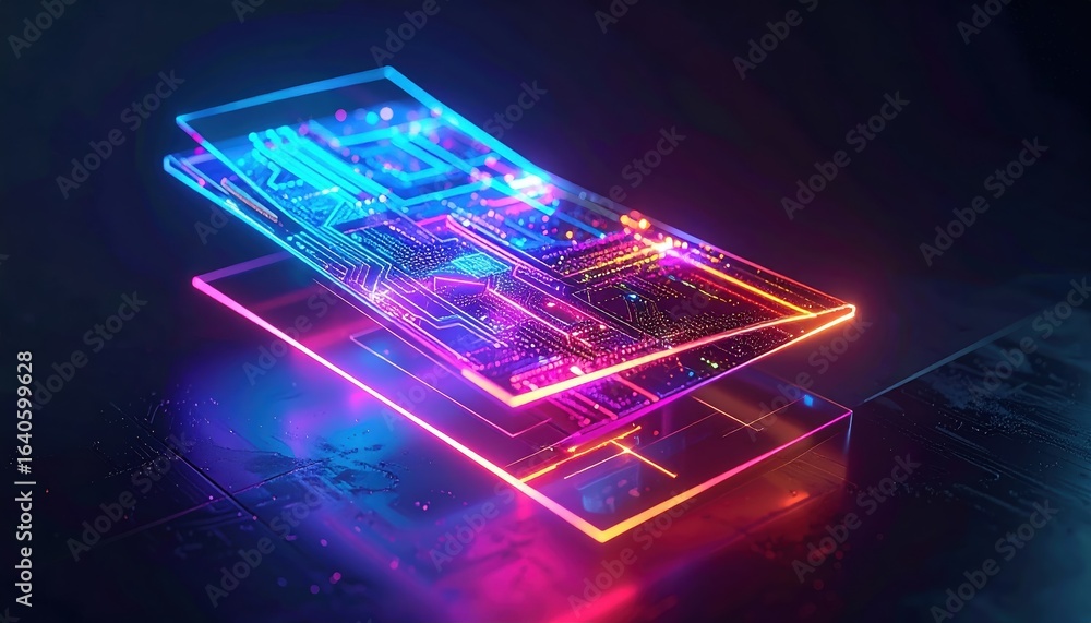 Poster abstract glowing circuit board design featu interconnected digital technology and vibrant neon light