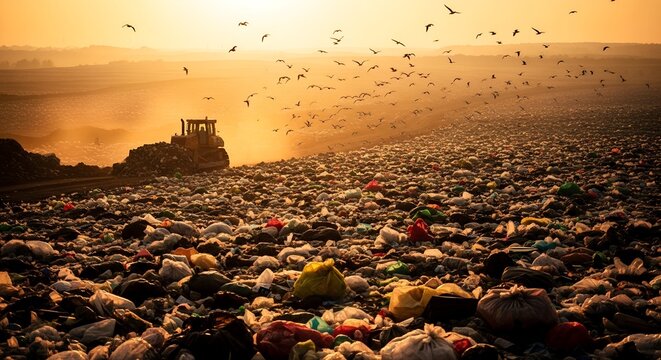 Golden Sunset Over Vast Landfill with Bulldozer and Flying Birds - Powered by Adobe