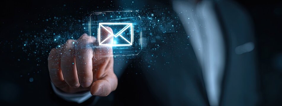 A hand interacts with a digital email icon