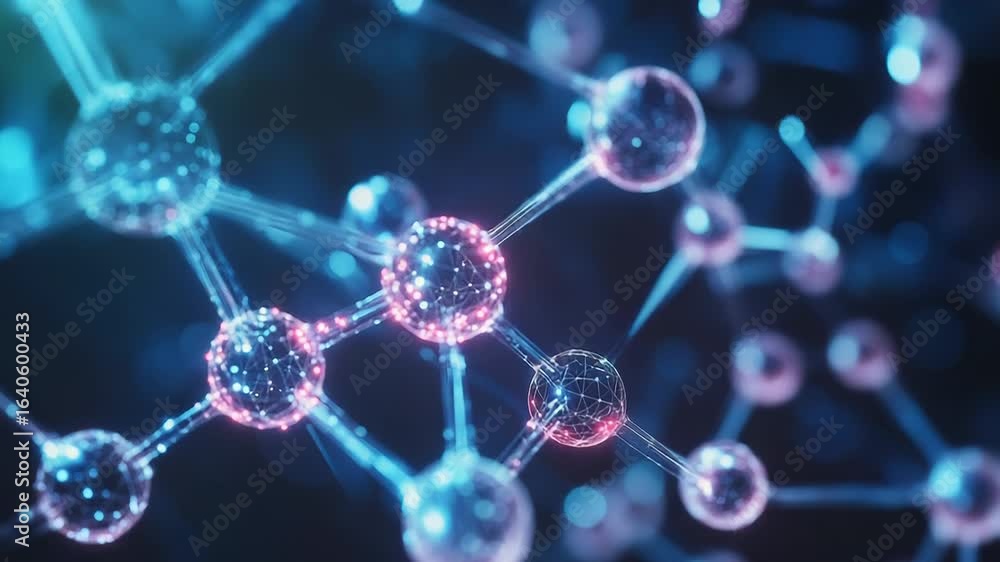 Poster abstract molecular structure glowing in blue and red with bokeh effect