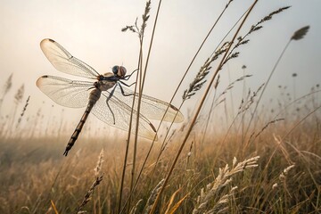 Dragonfly perched on tall grass in soft natural light