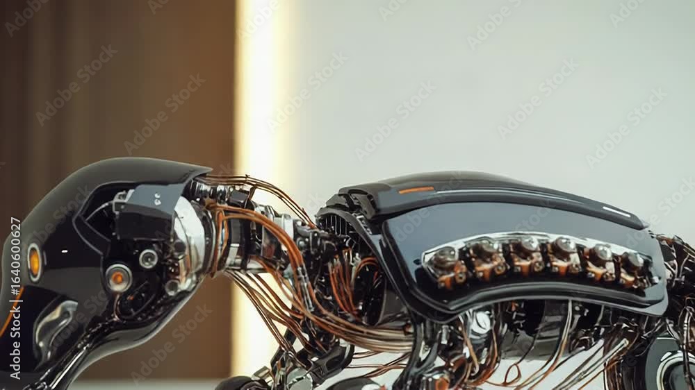 Poster robotic dog prowling in futuristic setting, artificial intelligence on display