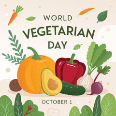 Vibrant World Vegetarian Day Graphic Featuring Colorful Fruits and Vegetables