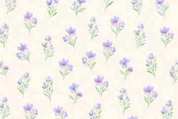 Delicate watercolor floral pattern with soft purple flowers and green leaves on a cream background, perfect for design and decoration