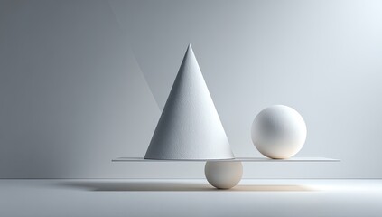 Balanced cone, sphere, and platform on minimalist background