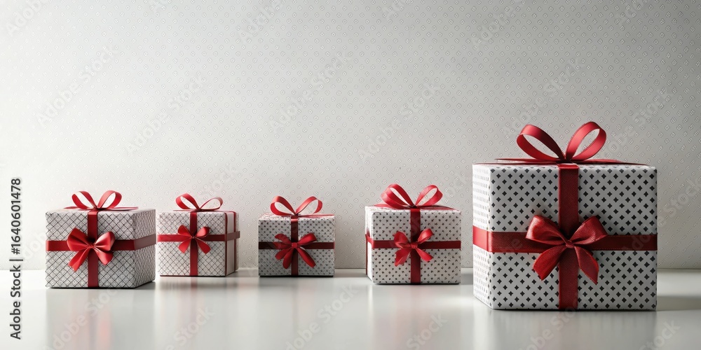 Aufkleber a row of festively wrapped presents with red bows sits on a table against a patterned backdrop