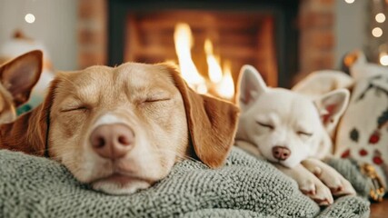 Cozy dogs enjoy relaxation in warm hotel accommodation by fireplace, creating serene atmosphere filled with comfort and tranquility for peaceful moments together