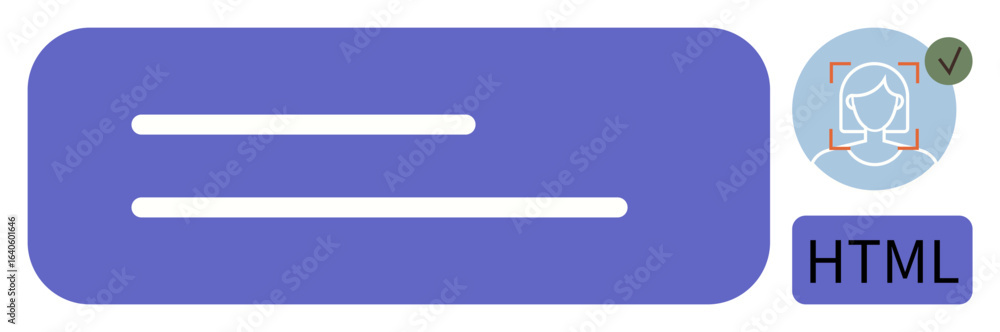 Poster facial recognition icon, verified checkmark, overlapping html tag, and a login form. ideal for cyber