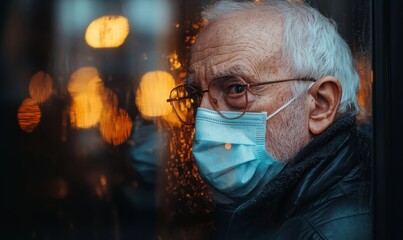 Sad elderly man in a face mask, looking through a window, reflecting a moment of isolation and contemplation, Generative AI