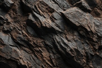 Close-up view of dark, textured rock face.  Jagged, uneven surfaces in varying shades of dark gray and brown.  Natural geological formations