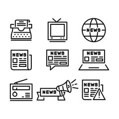 News and media line icons set. Newspaper, television, radio, megaphone, and globe outline symbols