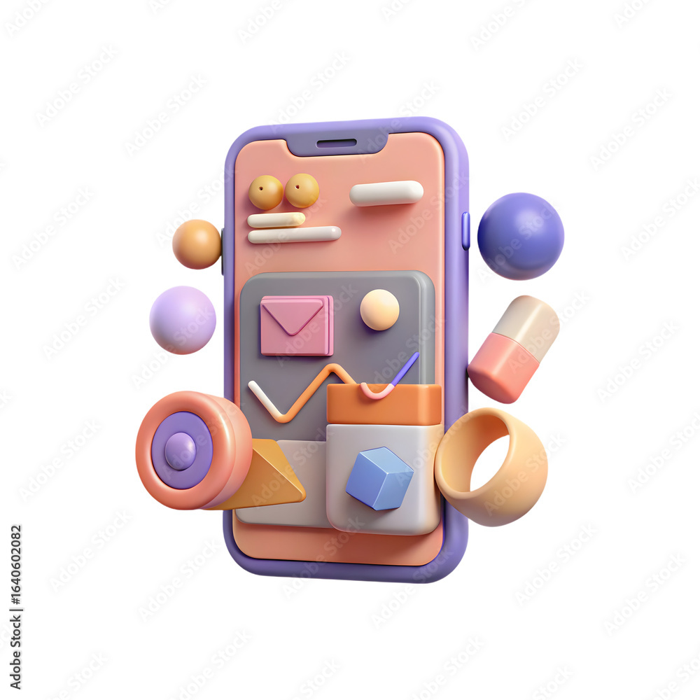 Aufkleber 3d illustration of a smartphone with colorful app icons and abstract shapes isolated on transparent 