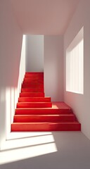 Fototapeta premium Red stairs in modern hallway, sunlight streaming, minimalist interior, architectural design
