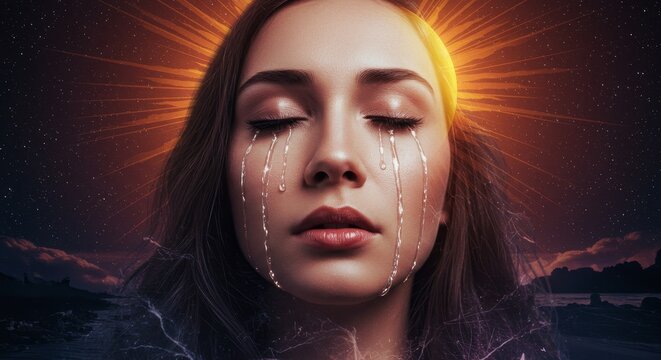 Surreal portrait of a woman with tears blending fantasy and reality
