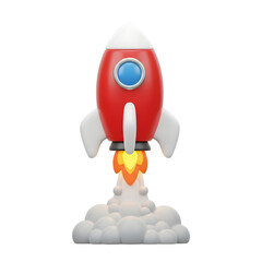3d rocket launching with smoke isolated on transparent background