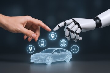 Human and Robot Hands Interact with Autonomous Car Technology Represented by Digital Interface, Modern Transportation Concept