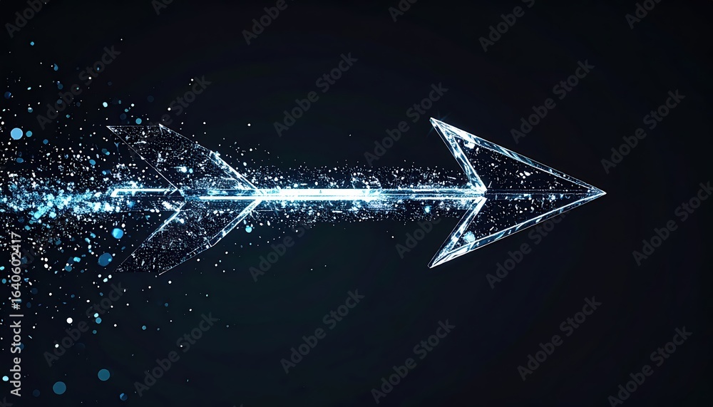 Poster an abstract arrow comprised of glowing particles points toward the right on a dark backdrop, symboli