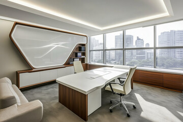 Sleek Modern Executive Office with Panoramic City Views and Innovative Design