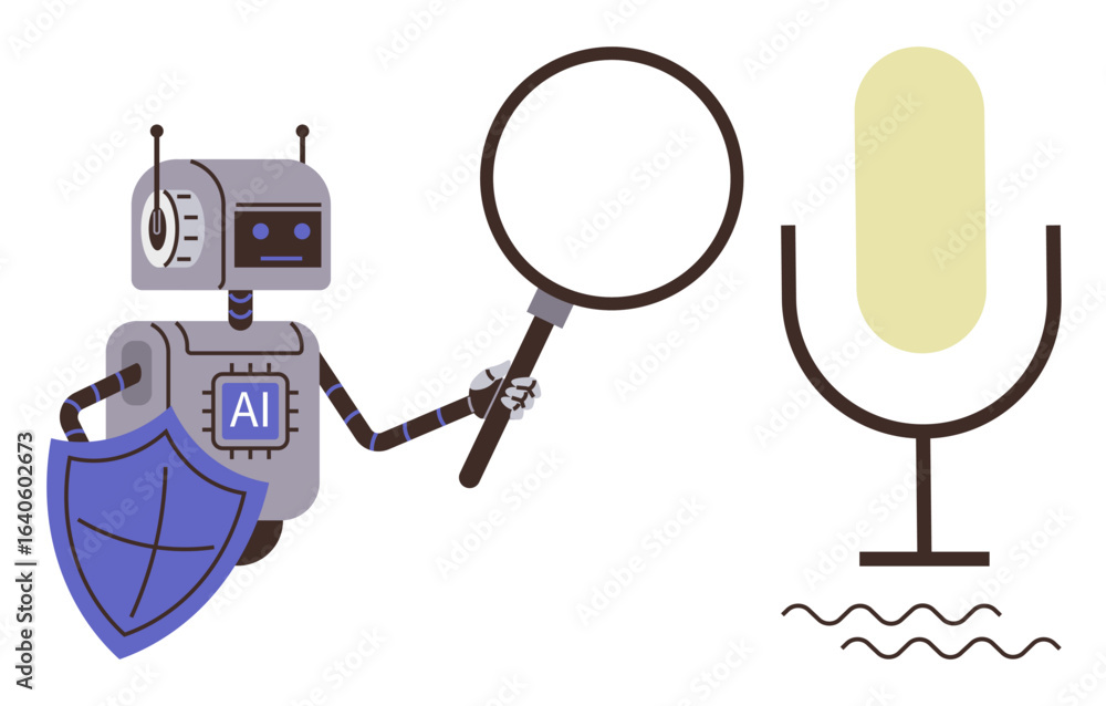 Aufkleber ai robot with shield and magnifying glass examining a microphone symbol. ideal for ai research, voic
