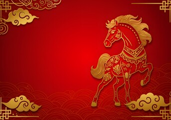 2026 new year with copy space for text, a dynamic pose against a vibrant red background. The horse is adorned with intricate golden patterns. luxury red and gold chinese horse new year background, 