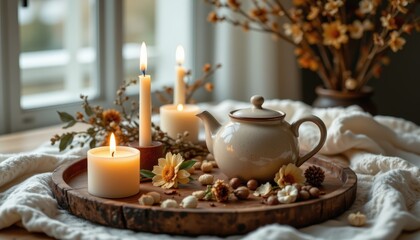 A still life of candles, dried flowers, and a ceramic teapot on a wooden tray, warm ambient light