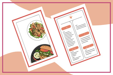 Illustration of a restaurant menu featuring a delicious burger and salad alongside a detailed menu layout with placeholder text and a paw print icon