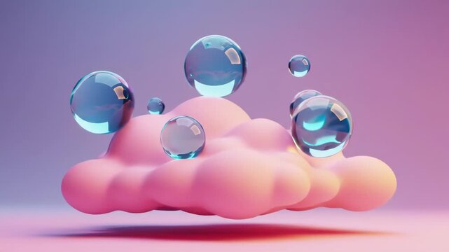 Abstract cloud-like form with floating, translucent spheres in pastel colors - Powered by Adobe