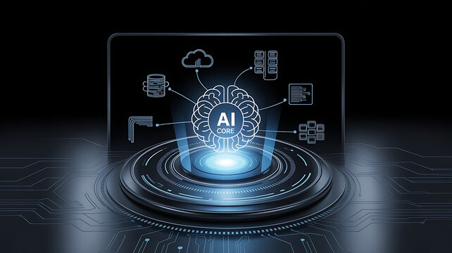 AI Core Conceptual Technology Illustration Showcasing Foundational Artificial Intelligence Principles, Neural Network Architecture, Data Processing Pipelines, Machine Learning Algorithms