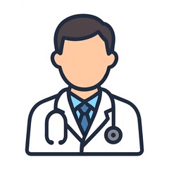 Flat cartoon-style doctor icon showing a male medical professional wearing a white coat, blue tie, and stethoscope, on a white background.