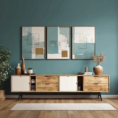 Teal wall with abstract art and light wood sideboard