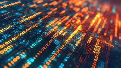 Digital data stream glowing binary code orange and blue colors creating futuristic technology atmosphere with depth light effects abstract computer information network programming software cyber - Powered by Adobe