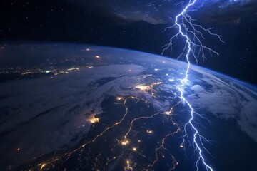 Powerful lightning strike illuminates the earth from space at night