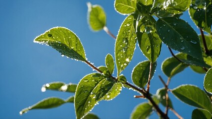 Closeup of Dewy Green Leaves Against a Blue Sky